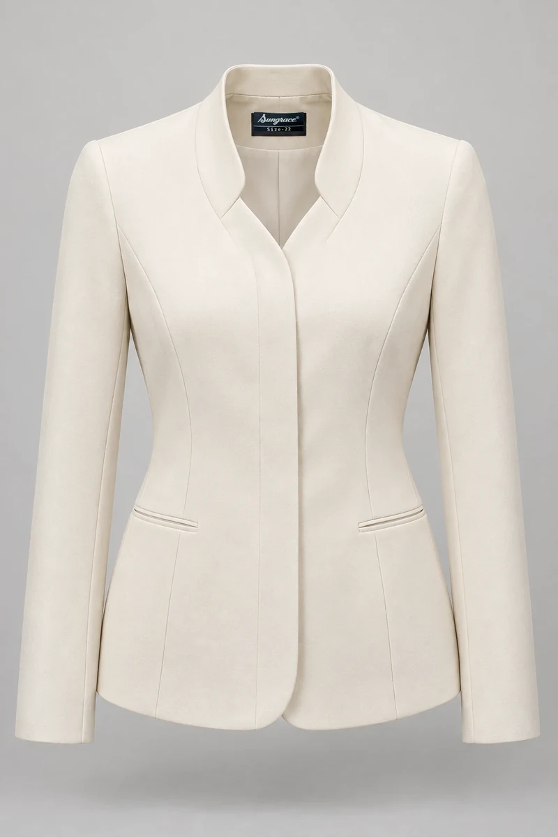 Sungrace service jackets design 6: Women’s Ivory Spa, showing the genuine Sungrace woven label