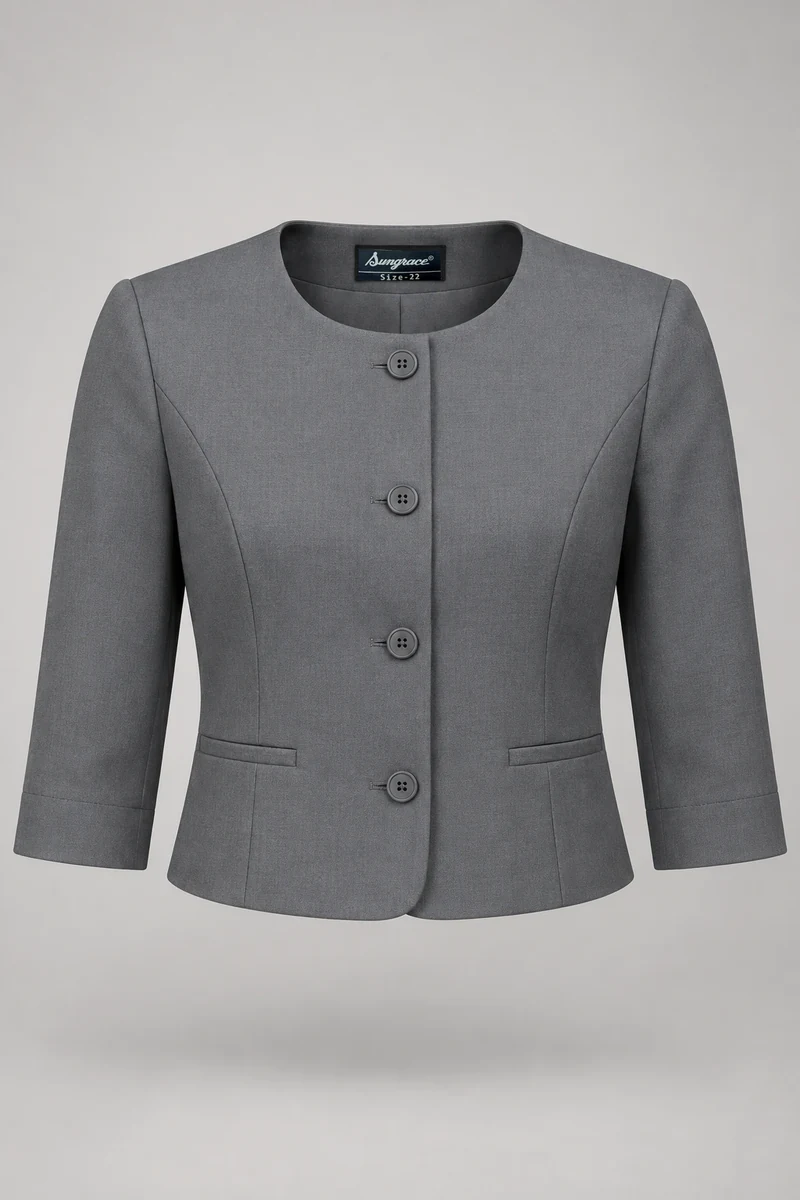Sungrace service jackets design 8: Women’s Steel-Grey Cropped, showing the genuine Sungrace woven label
