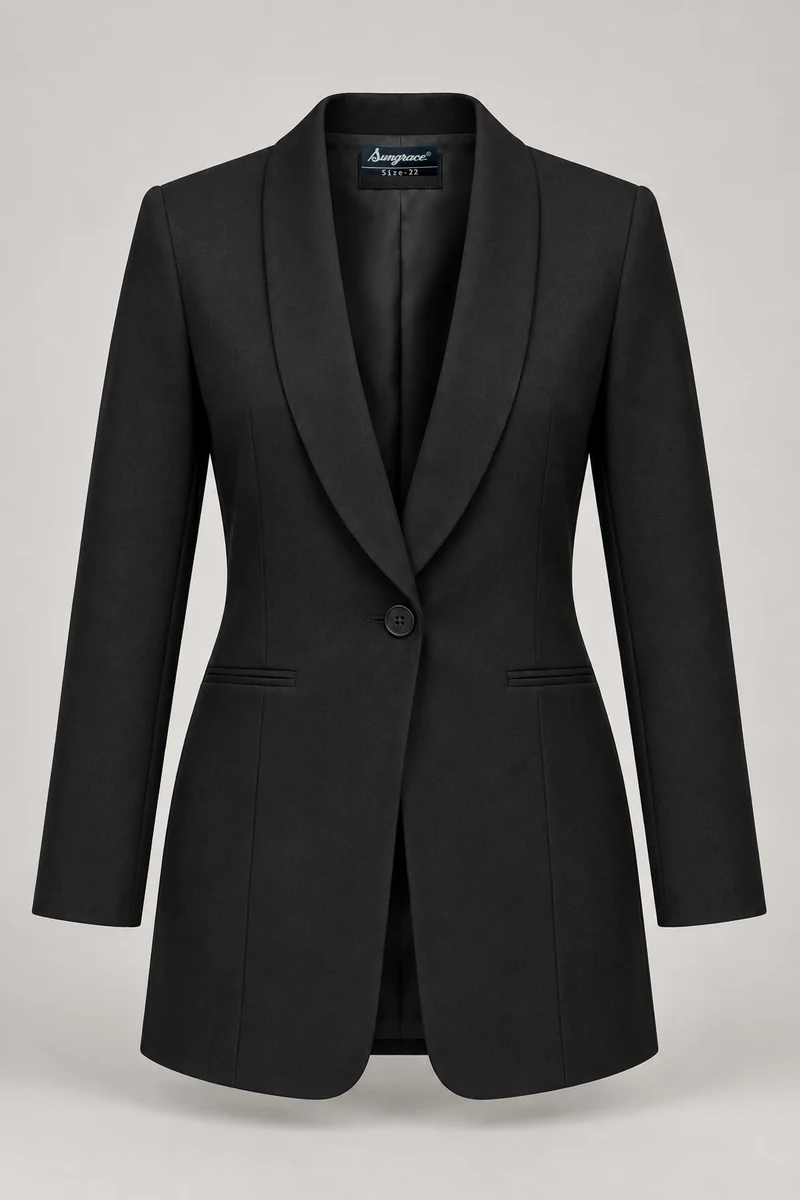 Sungrace service jackets design 10: Women’s Black Host, showing the genuine Sungrace woven label
