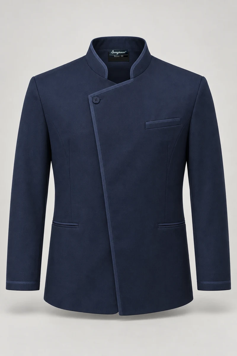 Sungrace service jackets design 11: Men’s Navy Mandarin, showing the genuine Sungrace woven label