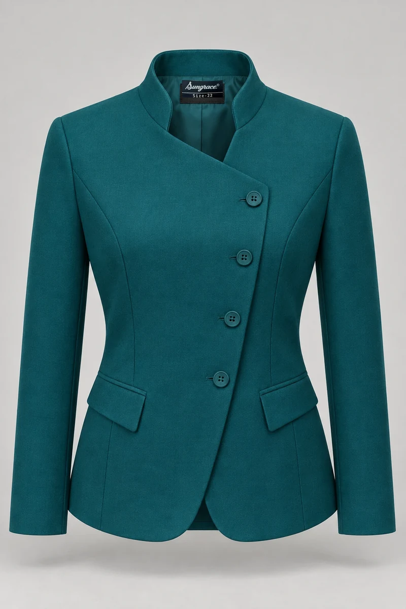 Sungrace service jackets design 12: Women’s Teal Angled-Front, showing the genuine Sungrace woven label