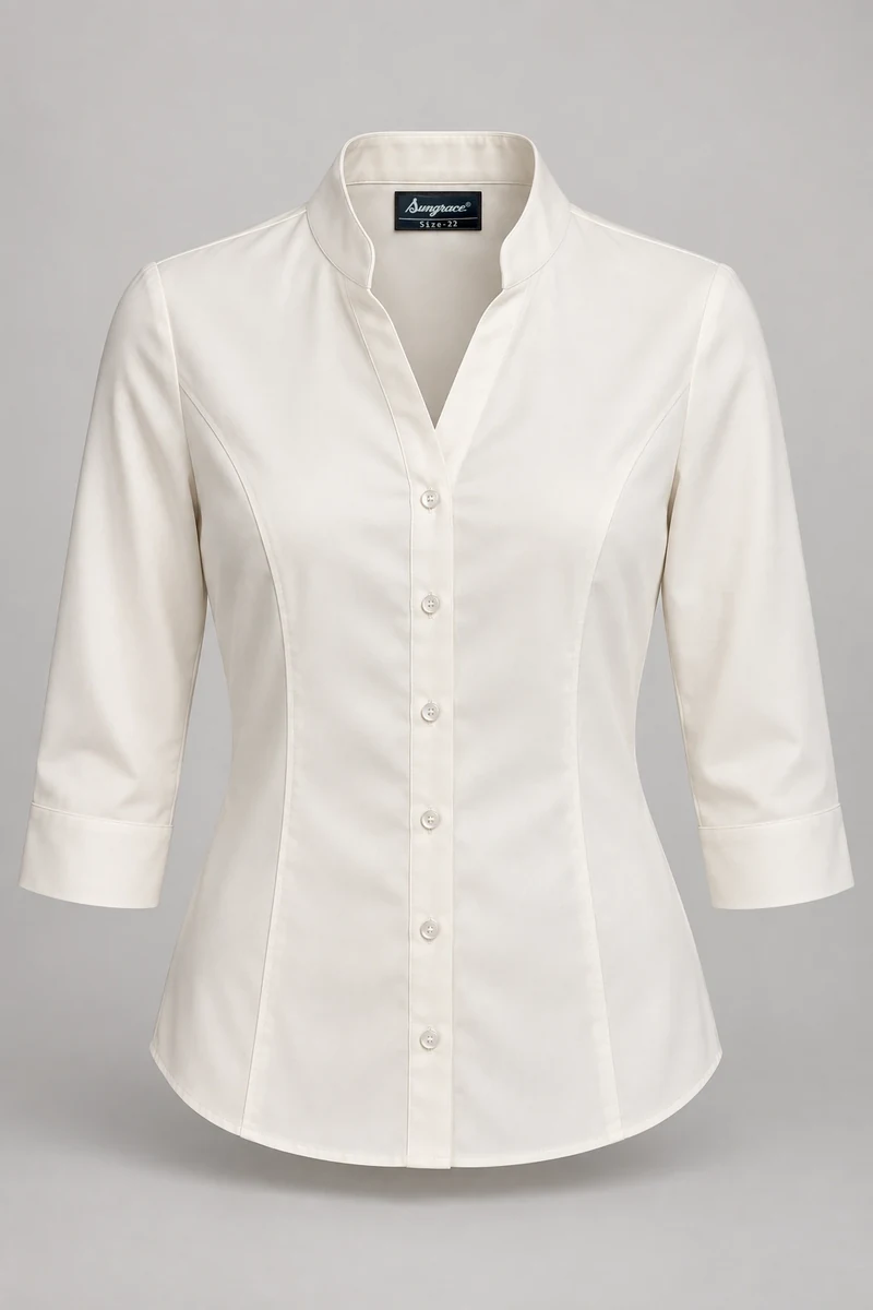 Sungrace service shirts & blouses design 2: Women’s Ivory Stand-Collar, showing the genuine Sungrace woven label