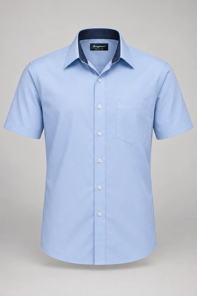 Sungrace service shirts & blouses design 3: Men’s Pale-Blue Short-Sleeve, showing the genuine Sungrace woven label