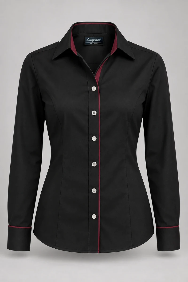 Sungrace service shirts & blouses design 4: Women’s Black Contrast-Trim, showing the genuine Sungrace woven label
