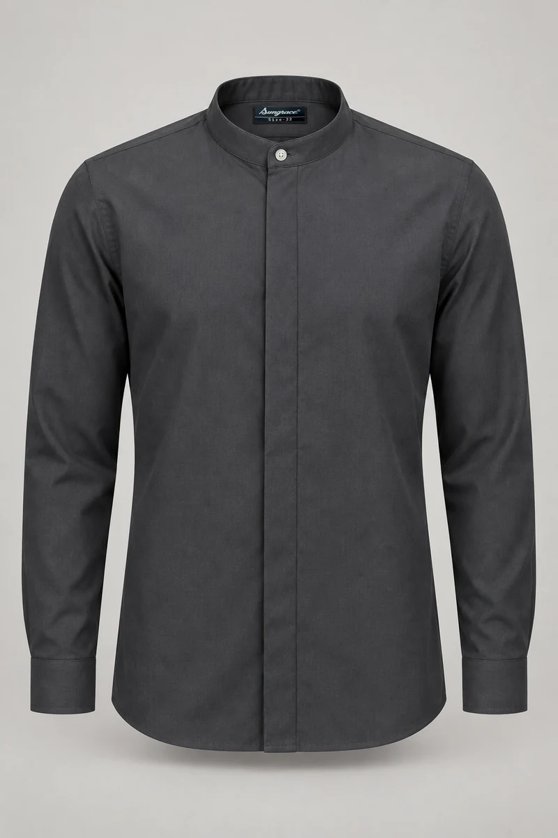 Sungrace service shirts & blouses design 5: Men’s Charcoal Mandarin, showing the genuine Sungrace woven label