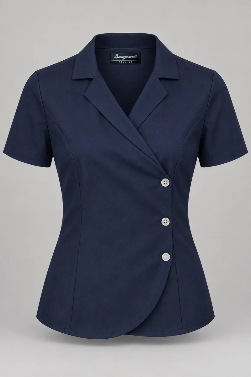 Sungrace service shirts & blouses design 6: Women’s Navy Cross-Over, showing the genuine Sungrace woven label