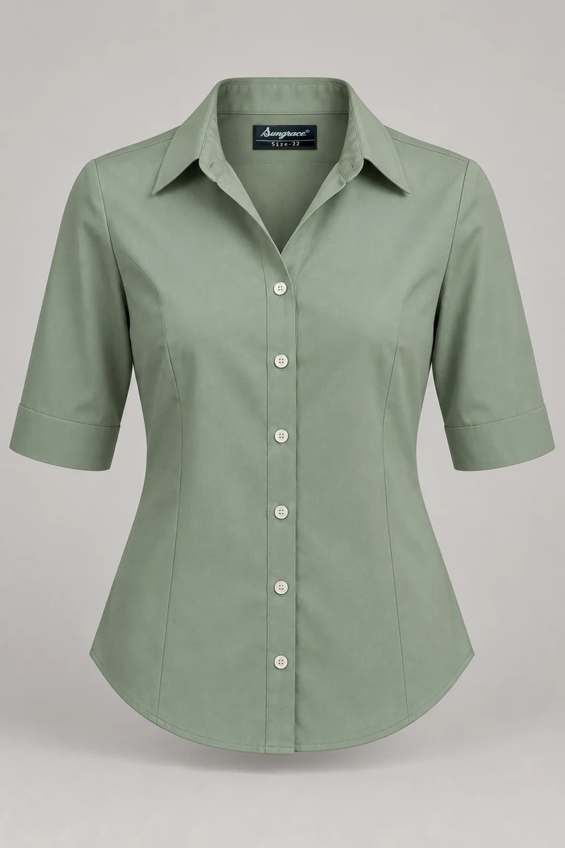Sungrace service shirts & blouses design 8: Women’s Sage Service, showing the genuine Sungrace woven label