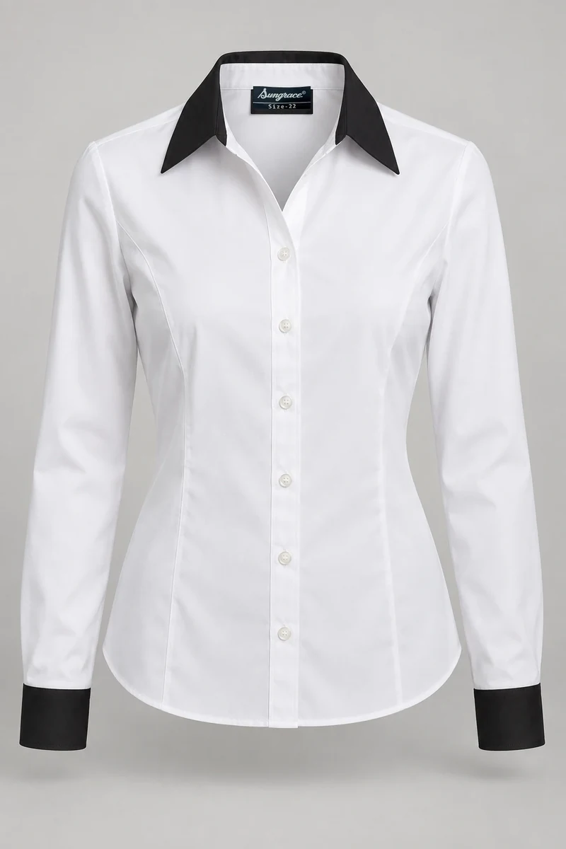 Sungrace service shirts & blouses design 10: Women’s White Banquet, showing the genuine Sungrace woven label