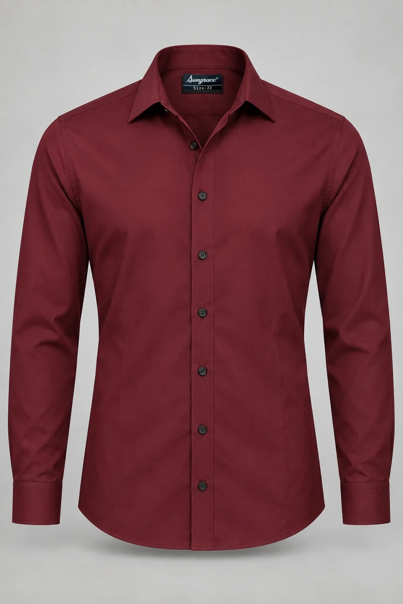 Sungrace service shirts & blouses design 11: Men’s Burgundy Tailored, showing the genuine Sungrace woven label
