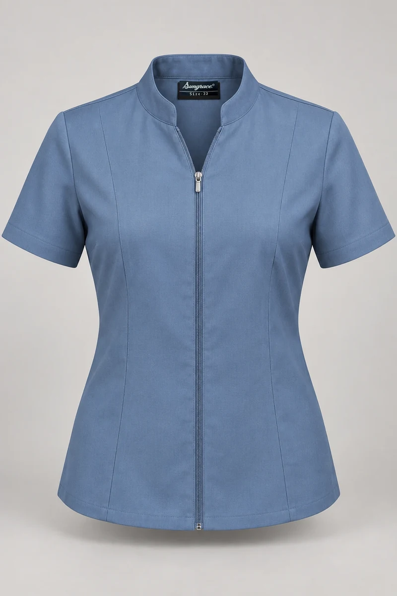 Sungrace service shirts & blouses design 12: Women’s Steel-Blue Zip-Front, showing the genuine Sungrace woven label
