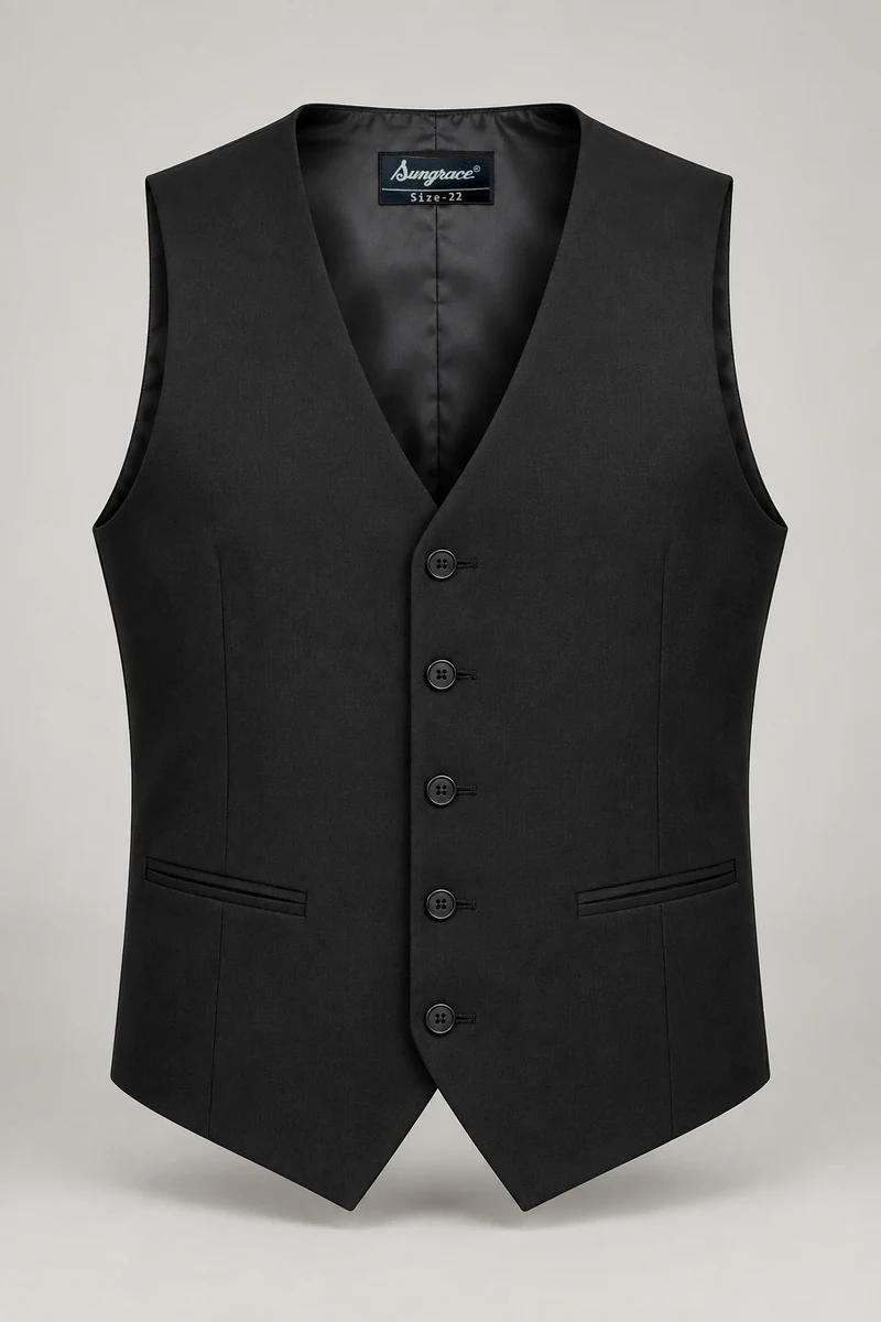 Sungrace service waistcoats design 1: Men’s Black Banquet, showing the genuine Sungrace woven label