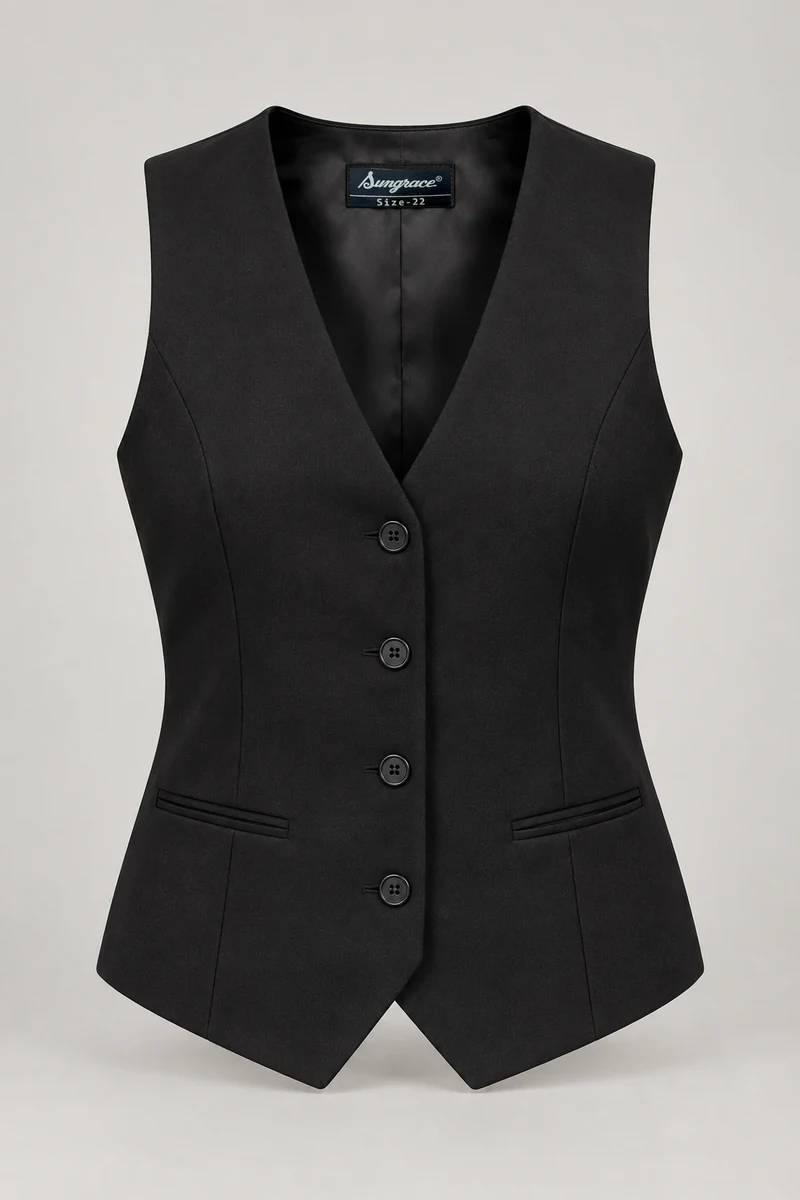 Sungrace service waistcoats design 2: Women’s Black Tailored, showing the genuine Sungrace woven label