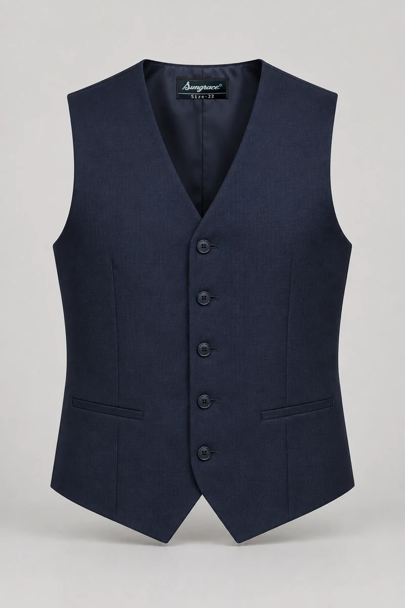 Sungrace service waistcoats design 3: Men’s Navy Service, showing the genuine Sungrace woven label