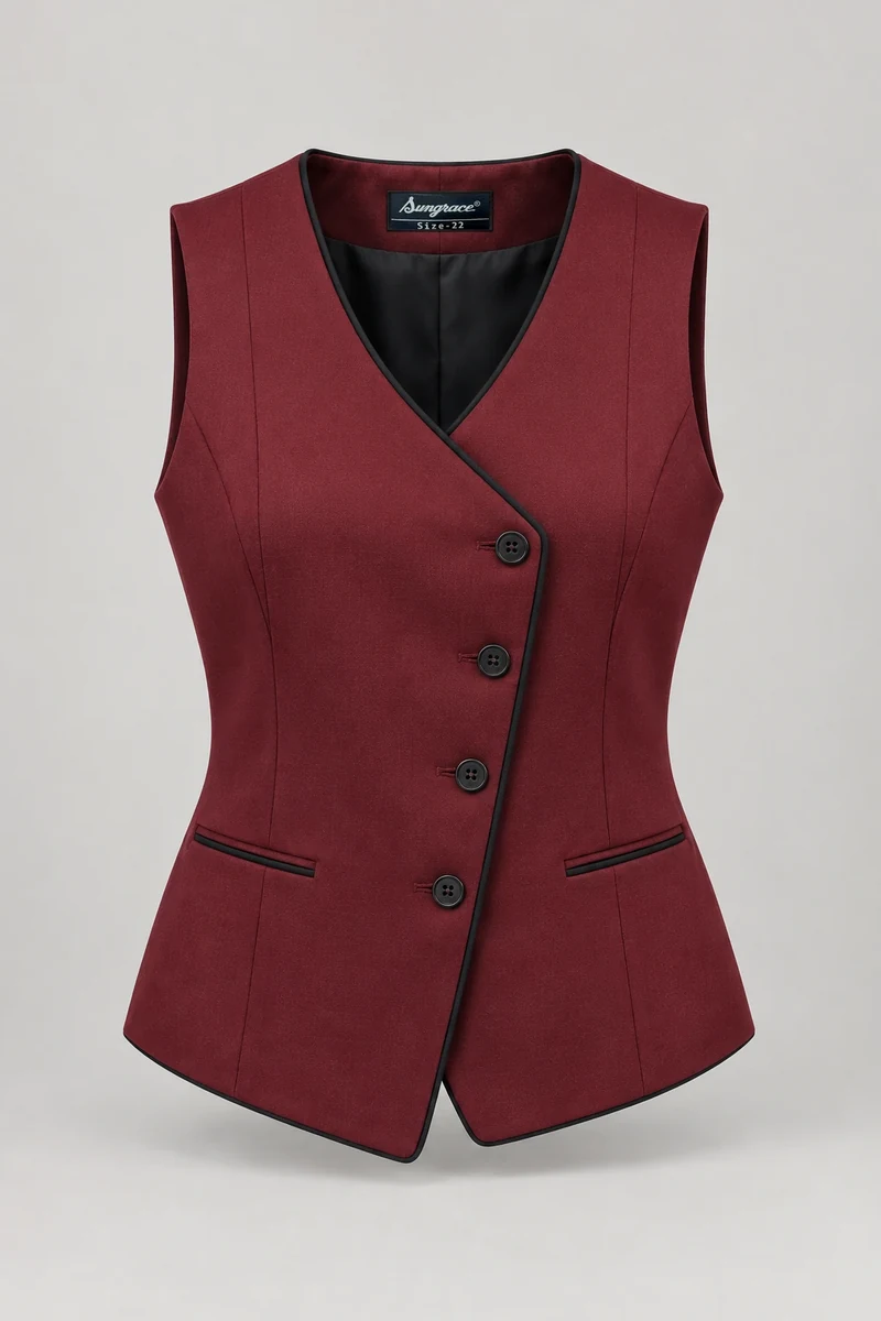 Sungrace service waistcoats design 4: Women’s Burgundy Asymmetric, showing the genuine Sungrace woven label