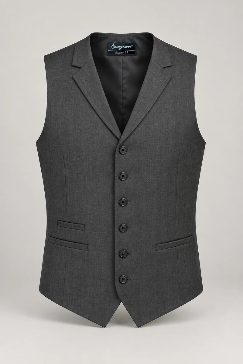 Sungrace service waistcoats design 5: Men’s Charcoal Lapel, showing the genuine Sungrace woven label
