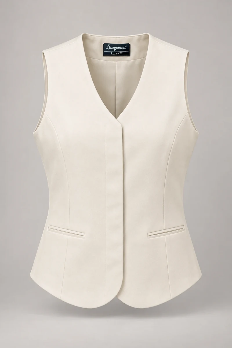 Sungrace service waistcoats design 6: Women’s Ivory Collarless, showing the genuine Sungrace woven label