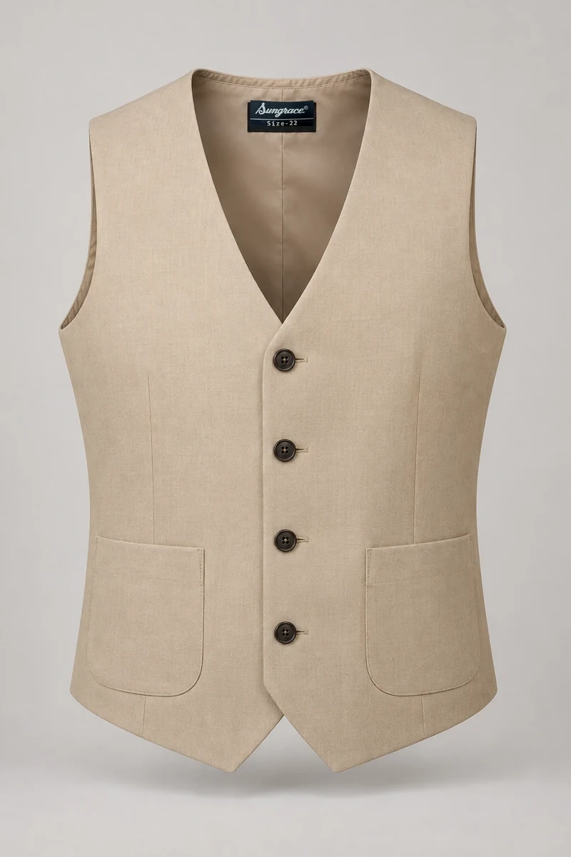 Sungrace service waistcoats design 9: Men’s Sand Resort, showing the genuine Sungrace woven label