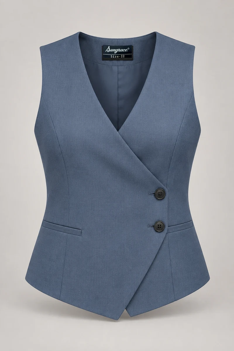 Sungrace service waistcoats design 10: Women’s Steel-Blue Cross-Over, showing the genuine Sungrace woven label