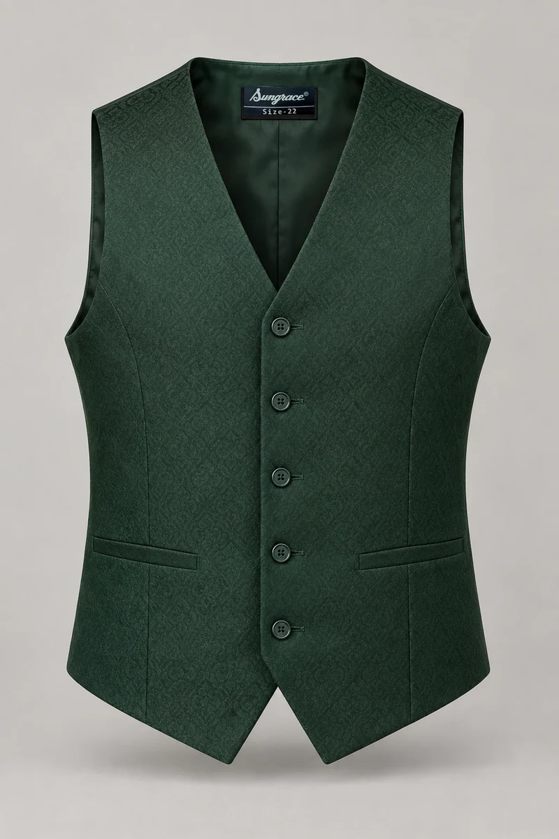 Sungrace service waistcoats design 11: Men’s Forest Jacquard, showing the genuine Sungrace woven label