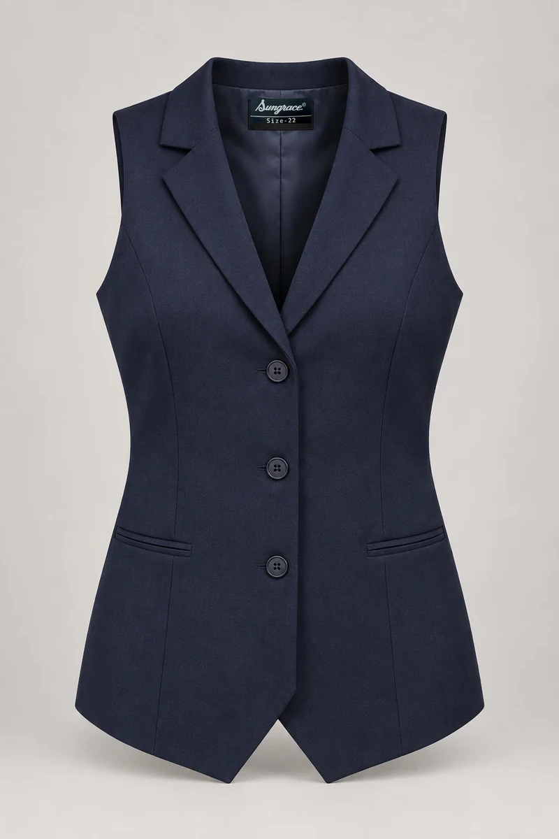 Sungrace service waistcoats design 12: Women’s Navy Longline, showing the genuine Sungrace woven label