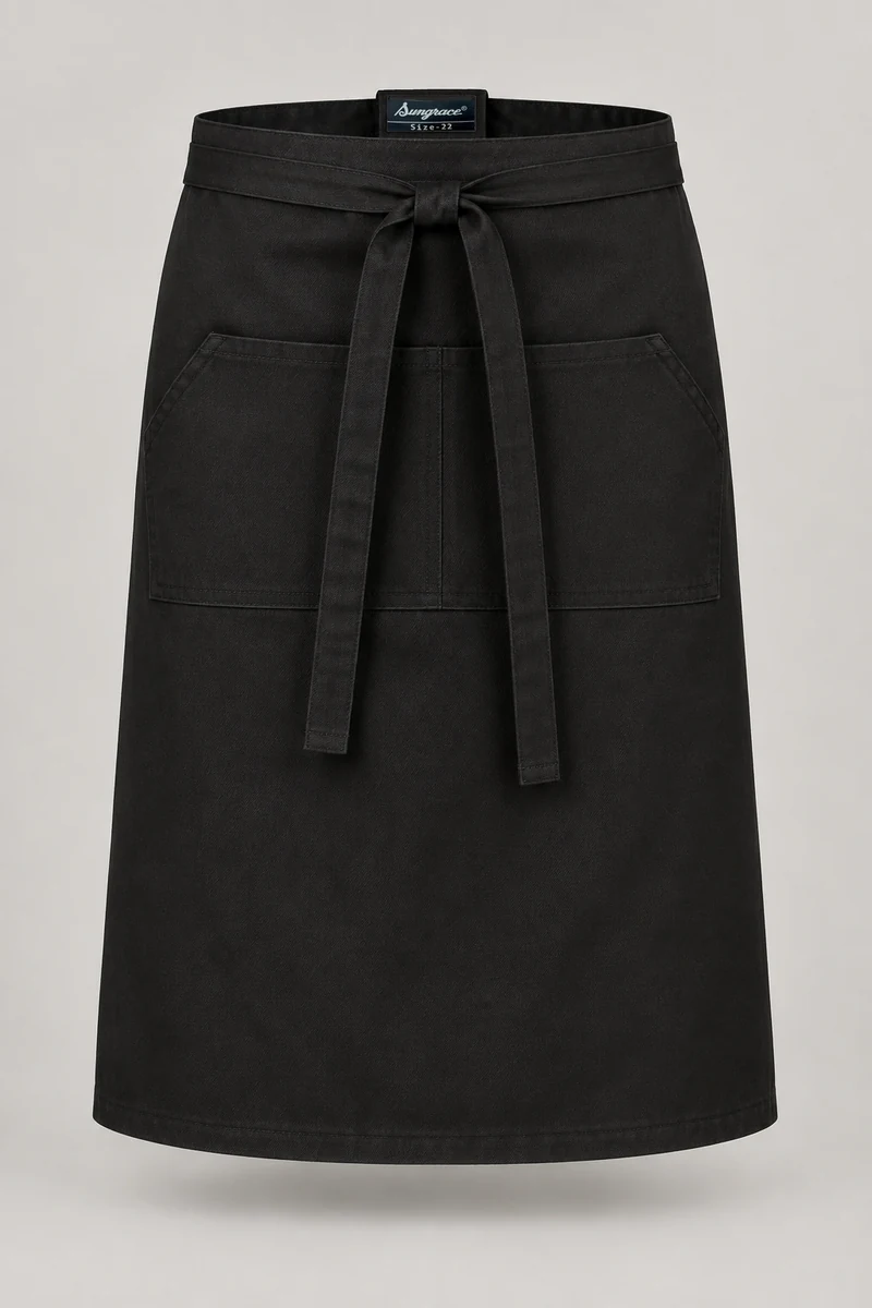 Sungrace waist & bistro aprons design 1: Black Bistro, showing the genuine Sungrace woven label