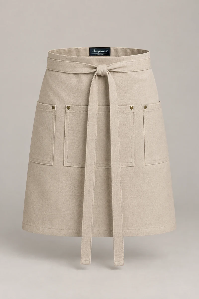 Sungrace waist & bistro aprons design 2: Oatmeal Utility, showing the genuine Sungrace woven label