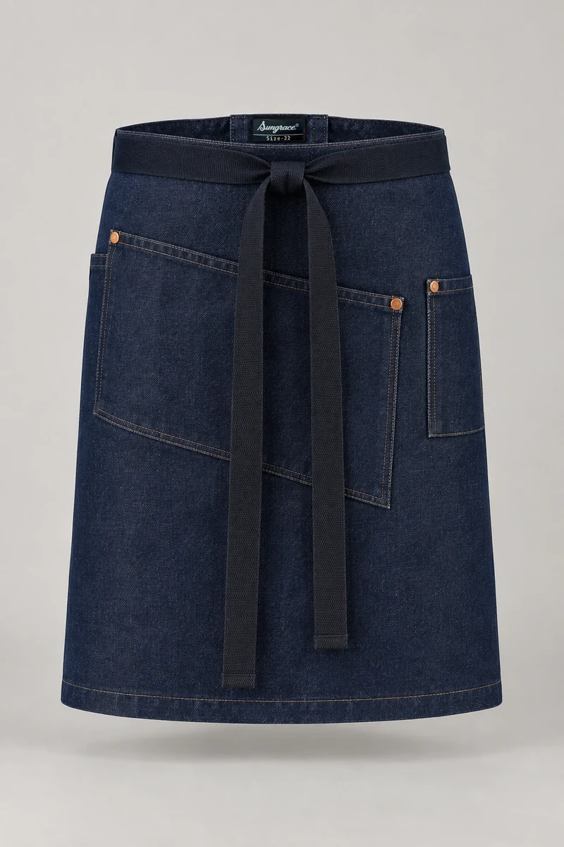 Sungrace waist & bistro aprons design 3: Navy Denim, showing the genuine Sungrace woven label