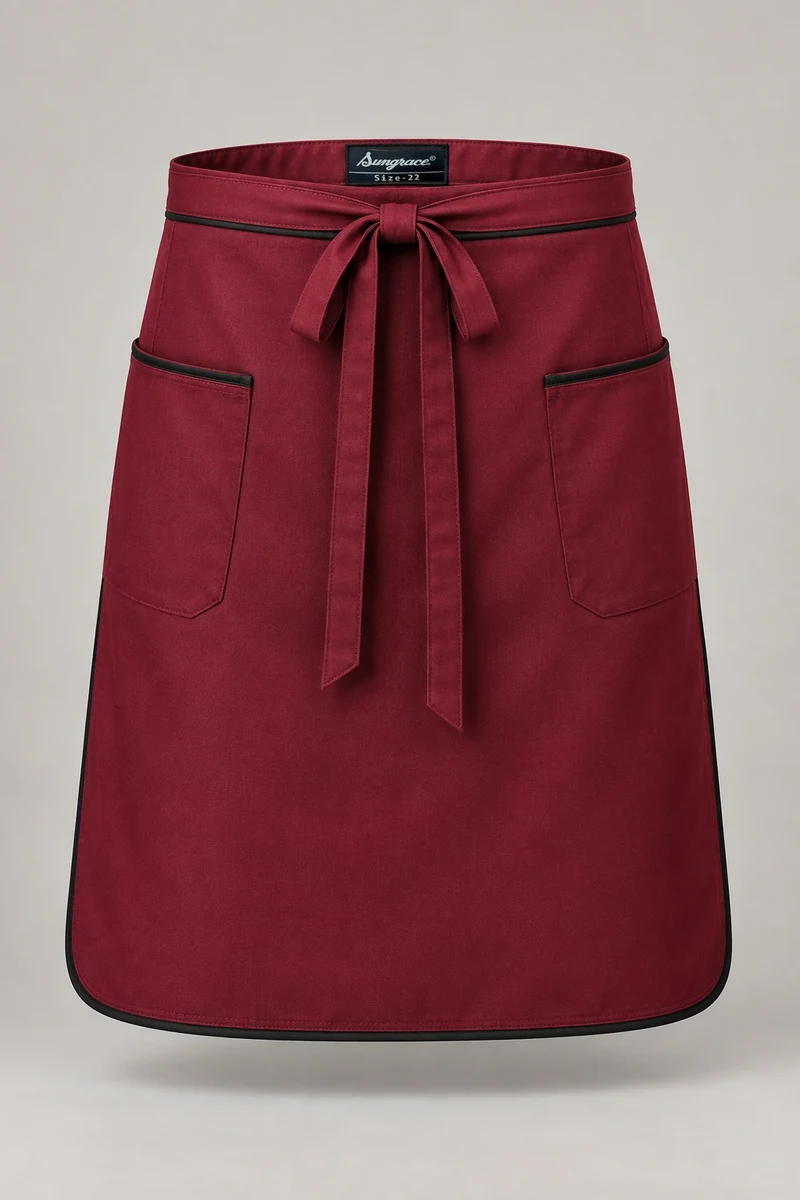 Sungrace waist & bistro aprons design 4: Burgundy Service, showing the genuine Sungrace woven label
