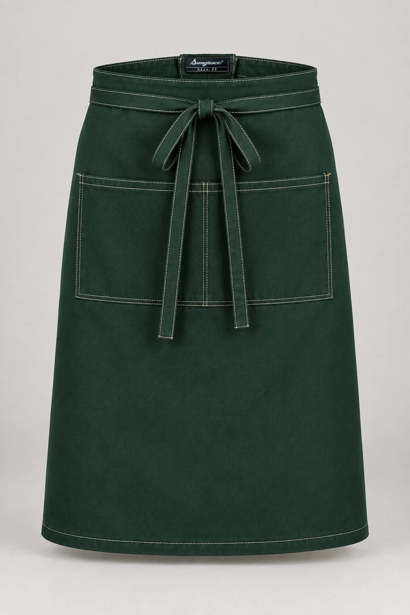 Sungrace waist & bistro aprons design 5: Forest Mid-Length, showing the genuine Sungrace woven label