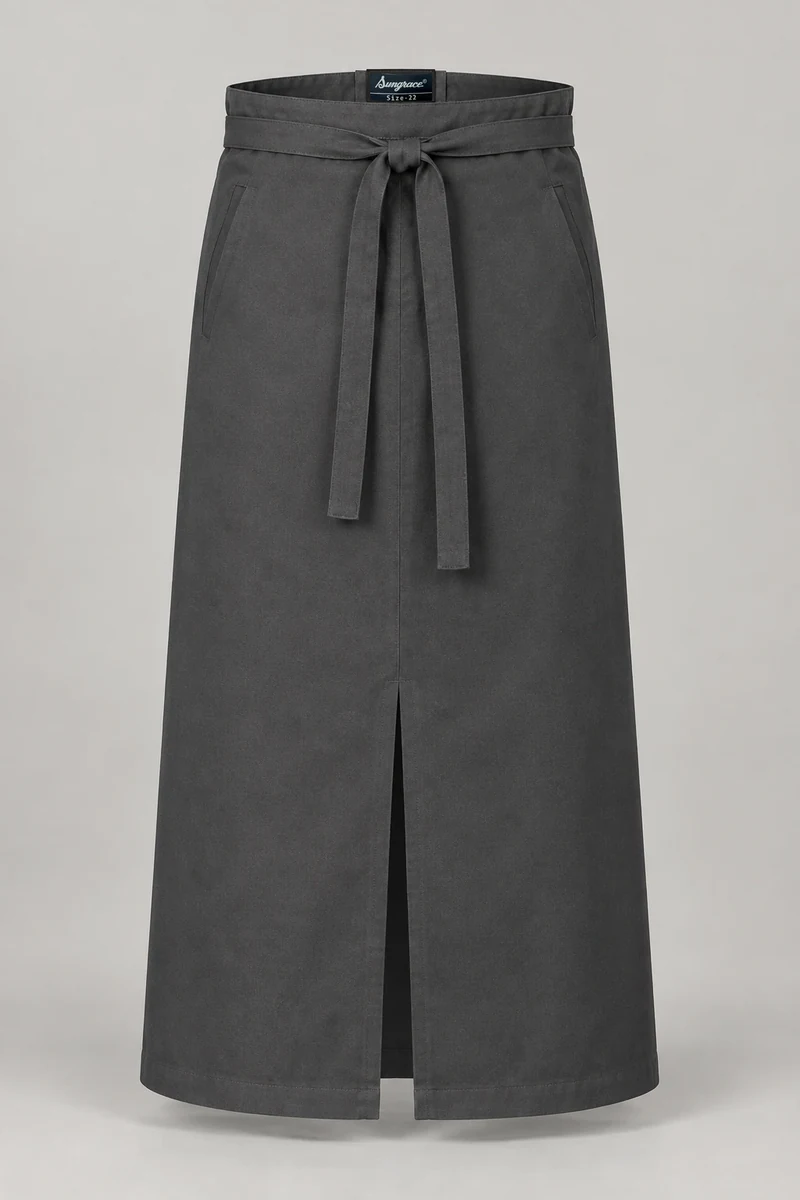 Sungrace waist & bistro aprons design 6: Charcoal Long Bistro, showing the genuine Sungrace woven label
