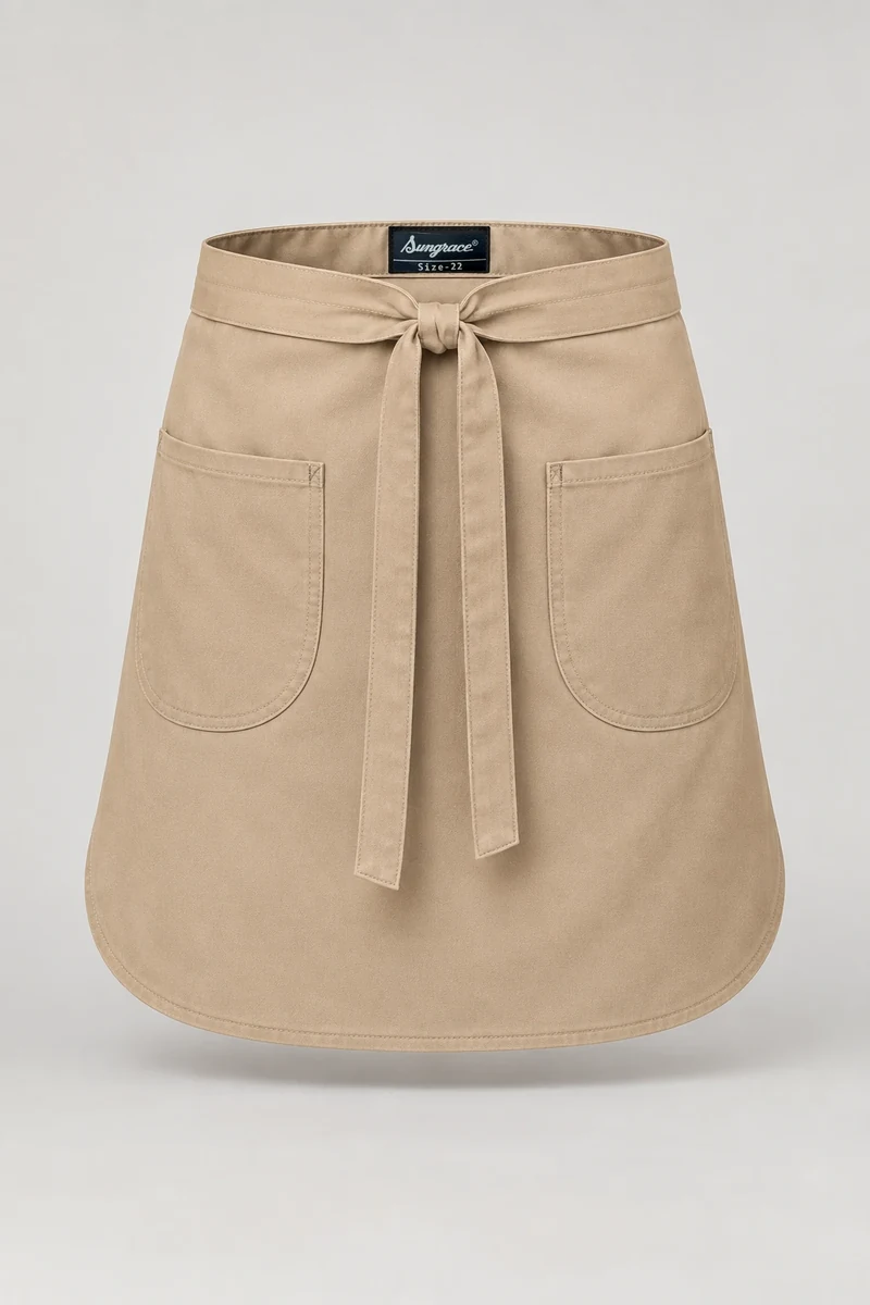 Sungrace waist & bistro aprons design 7: Sand Curved-Hem, showing the genuine Sungrace woven label