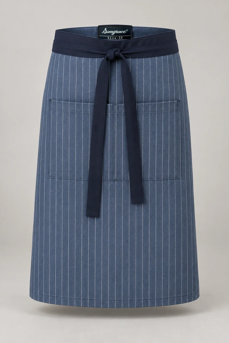 Sungrace waist & bistro aprons design 8: Steel-Blue Pinstripe, showing the genuine Sungrace woven label