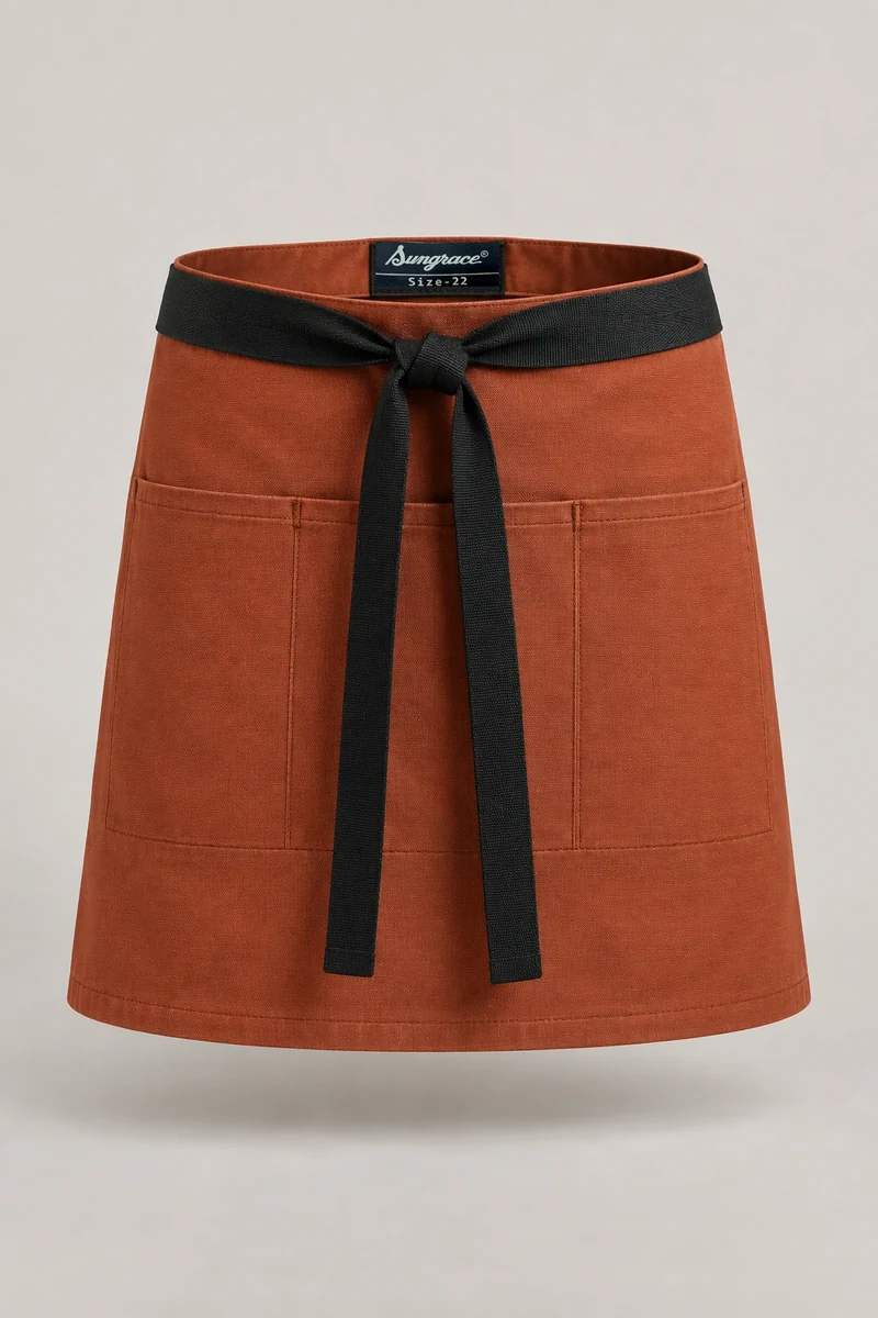 Sungrace waist & bistro aprons design 9: Terracotta Utility, showing the genuine Sungrace woven label