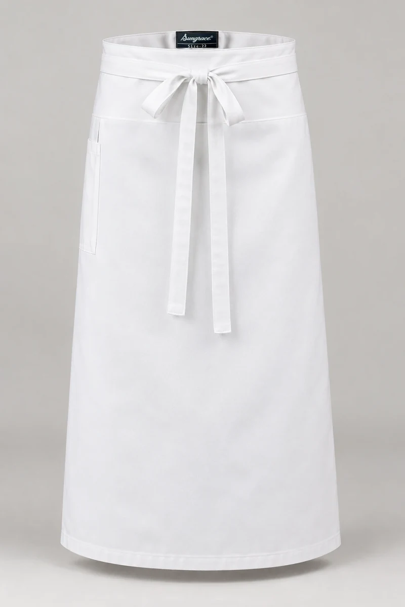 Sungrace waist & bistro aprons design 10: White Fine-Dining, showing the genuine Sungrace woven label