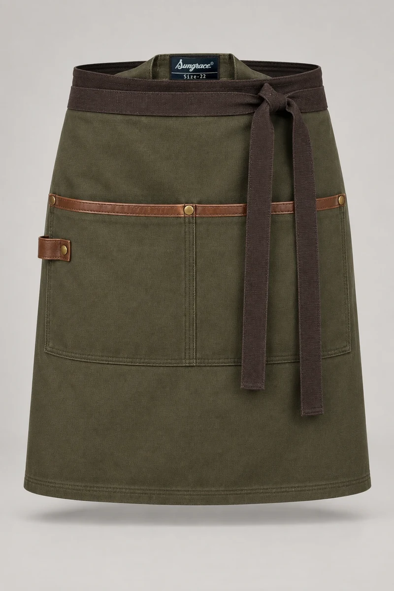 Sungrace waist & bistro aprons design 11: Olive Leather-Trim, showing the genuine Sungrace woven label