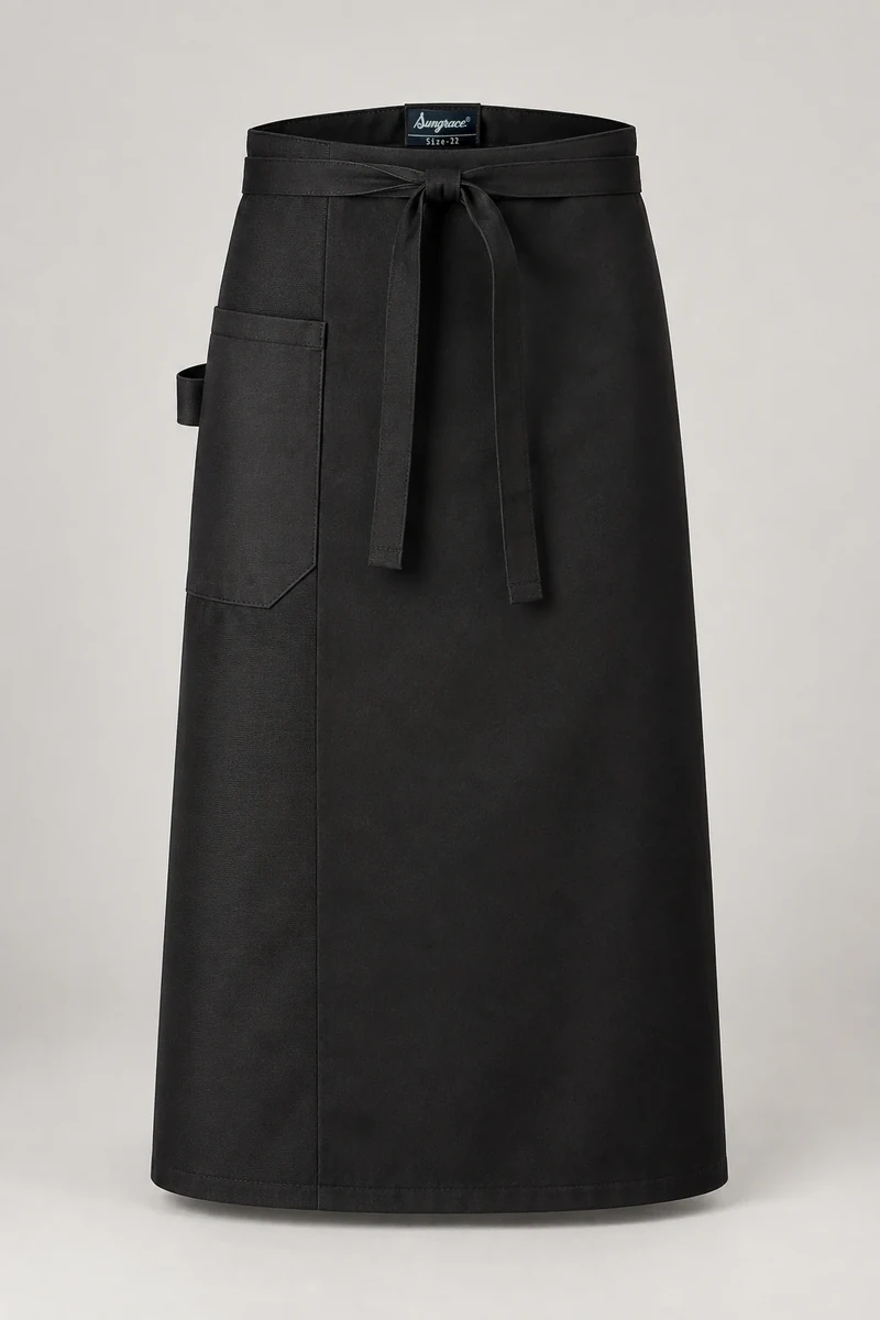 Sungrace waist & bistro aprons design 12: Black Premium Long, showing the genuine Sungrace woven label