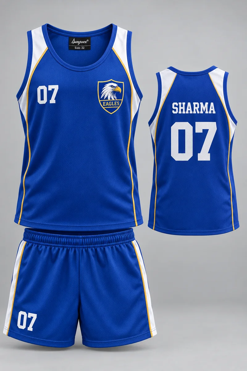 Children's Athletics kit: Classic Royal, SHARMA 07, team crest and Sungrace neck label