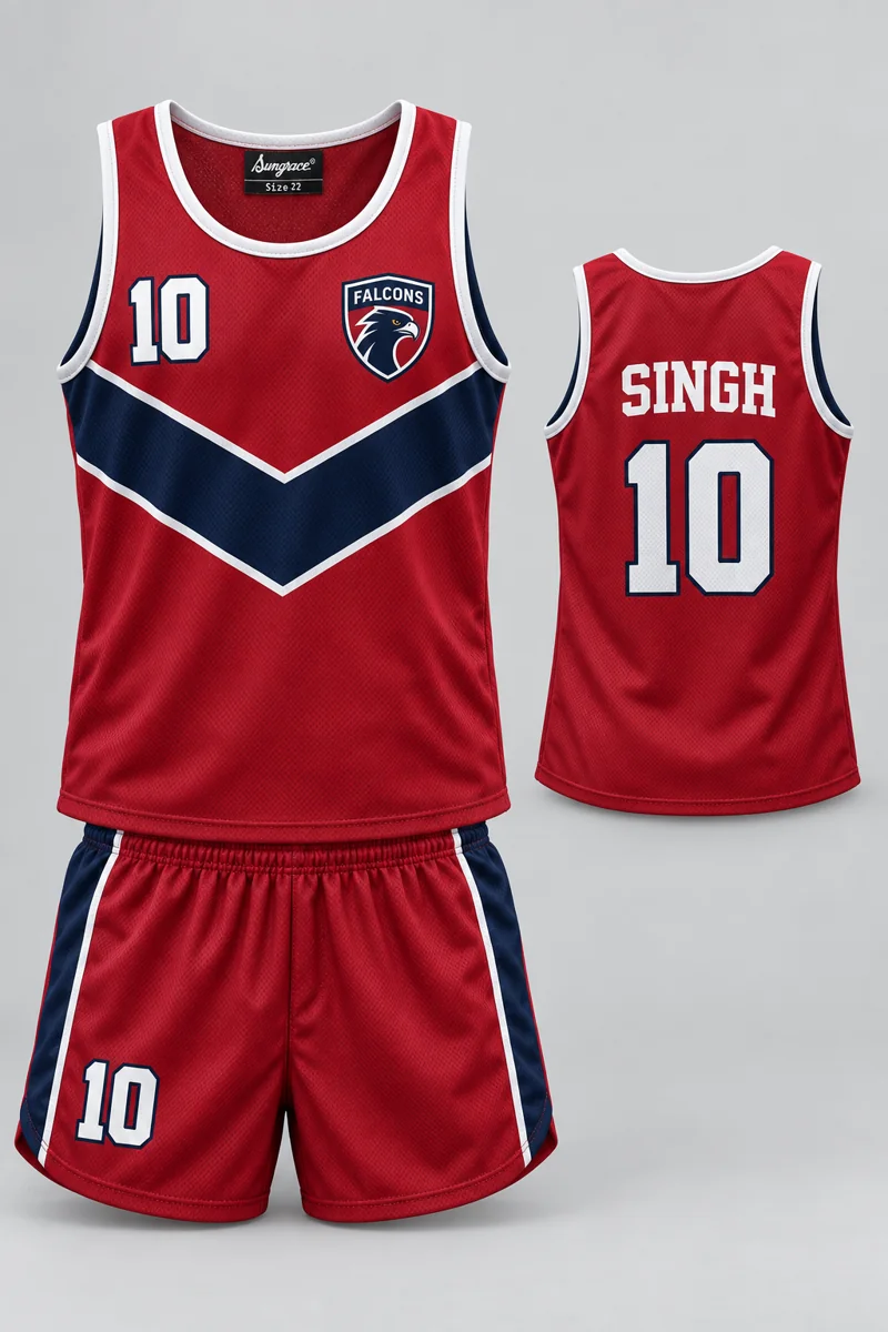 Children's Athletics kit: Crimson Chevron, SINGH 10, team crest and Sungrace neck label