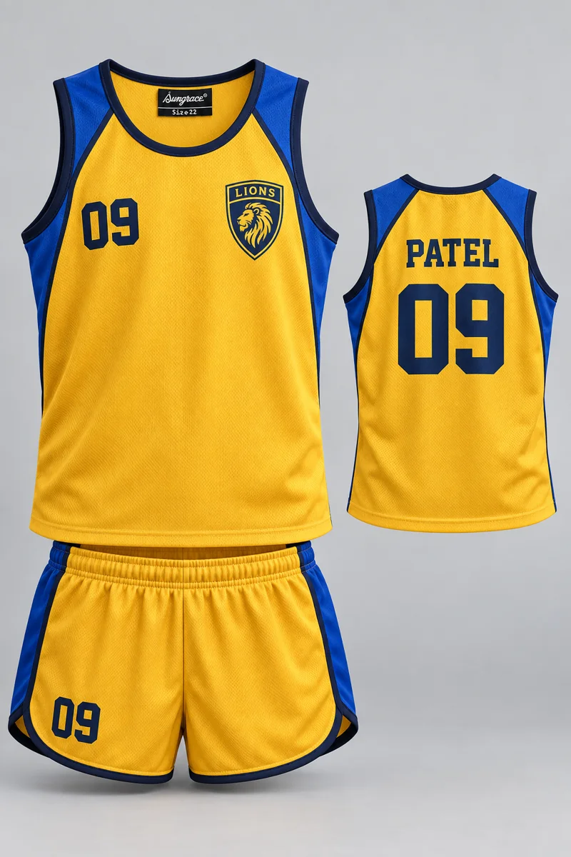 Children's Athletics kit: Sunrise Gold, PATEL 09, team crest and Sungrace neck label
