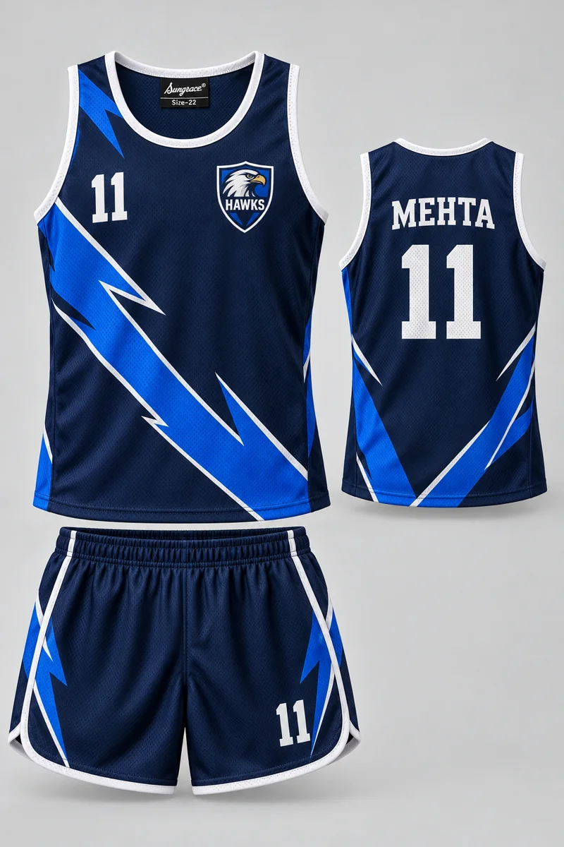 Children's Athletics kit: Navy Lightning, MEHTA 11, team crest and Sungrace neck label