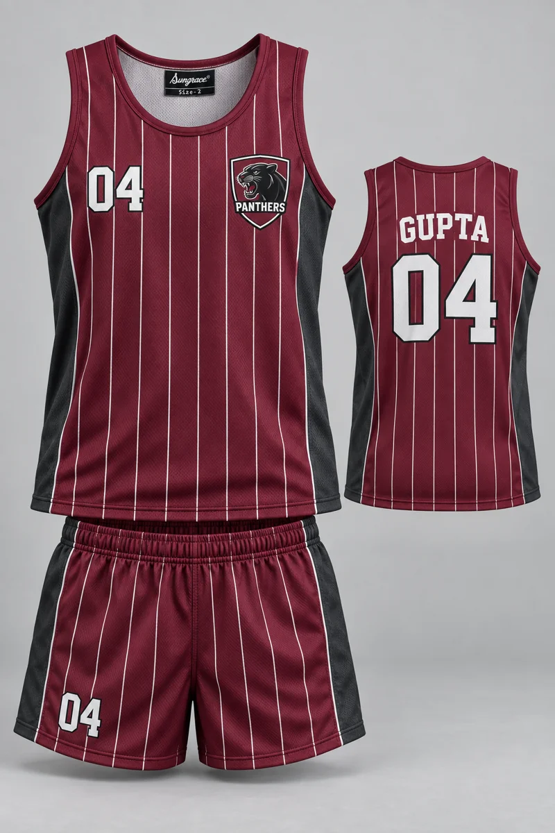 Children's Athletics kit: Burgundy Pinstripe, GUPTA 04, team crest and Sungrace neck label