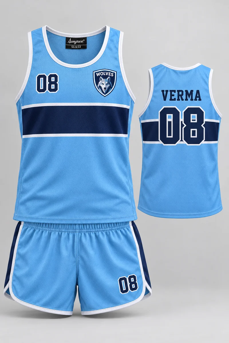 Children's Athletics kit: Sky Horizon, VERMA 08, team crest and Sungrace neck label
