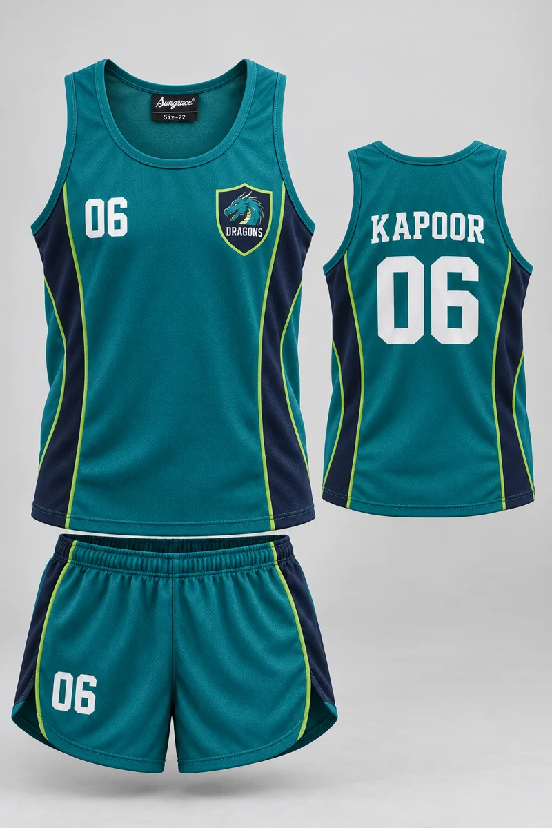 Children's Athletics kit: Teal Contour, KAPOOR 06, team crest and Sungrace neck label