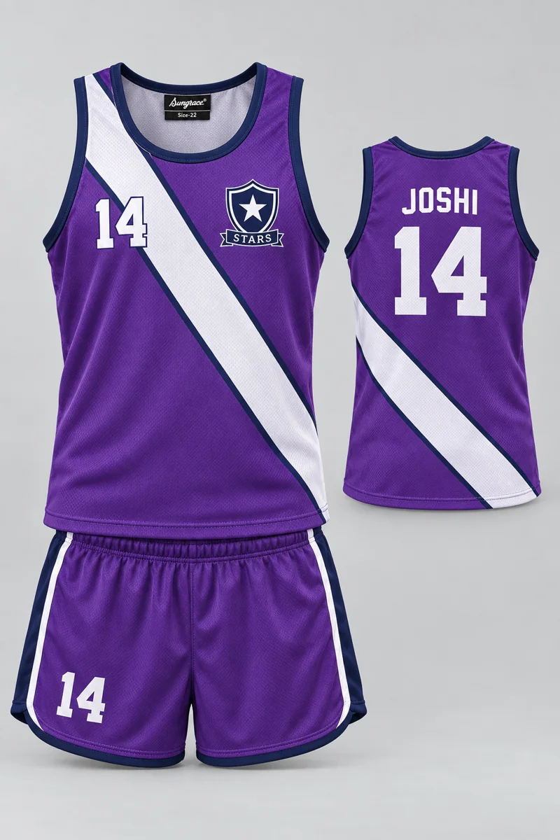 Children's Athletics kit: Violet Stride, JOSHI 14, team crest and Sungrace neck label