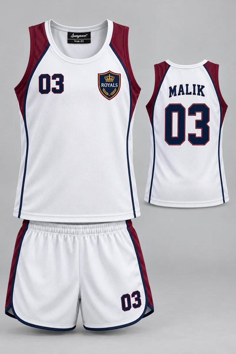 Children's Athletics kit: White Contrast, MALIK 03, team crest and Sungrace neck label