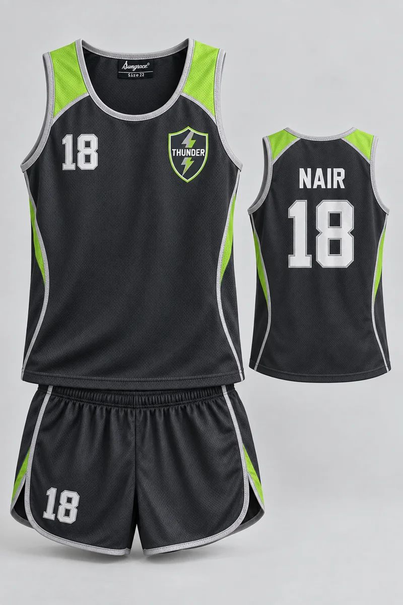 Children's Athletics kit: Charcoal Sprint, NAIR 18, team crest and Sungrace neck label