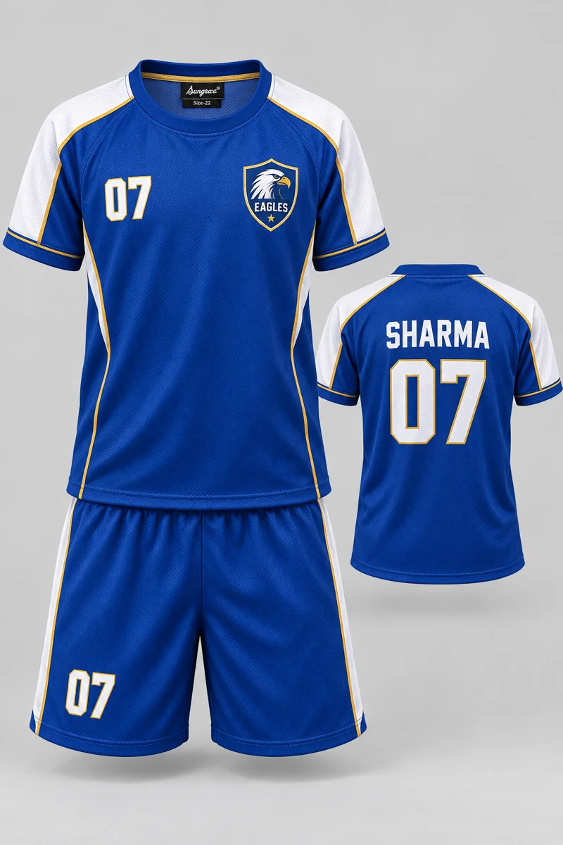 Children's Badminton kit: Classic Royal, SHARMA 07, team crest and Sungrace neck label