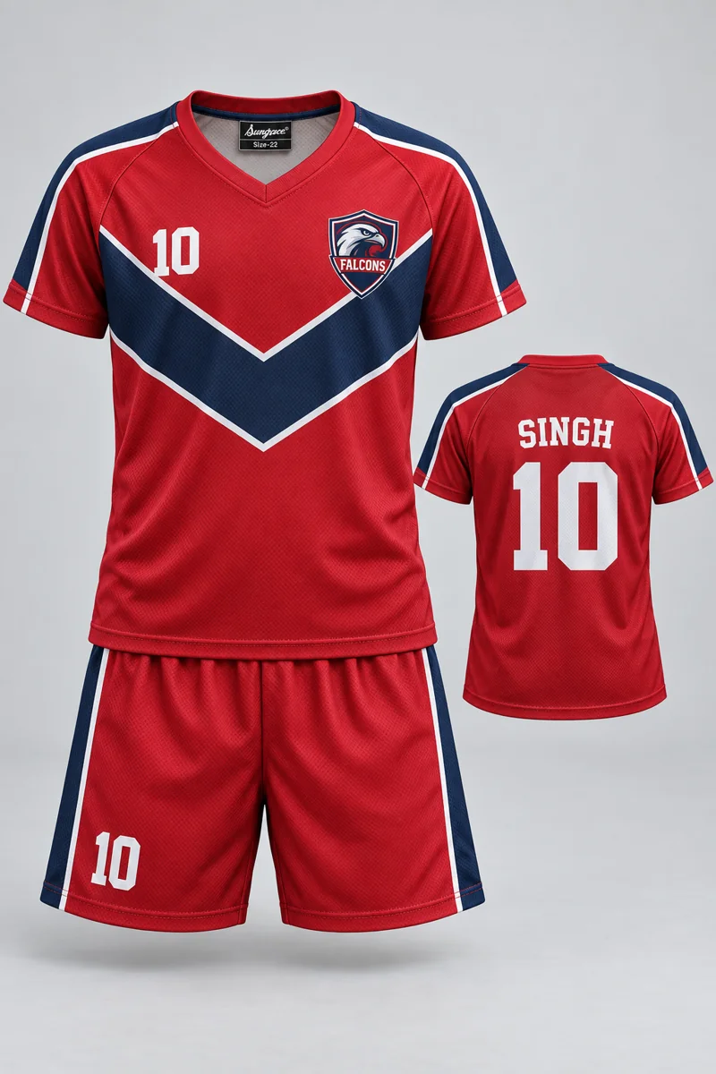 Children's Badminton kit: Crimson Chevron, SINGH 10, team crest and Sungrace neck label