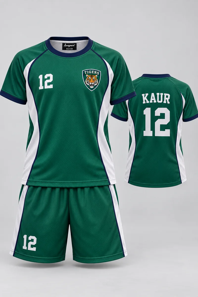 Children's Badminton kit: Emerald Side Panel, KAUR 12, team crest and Sungrace neck label