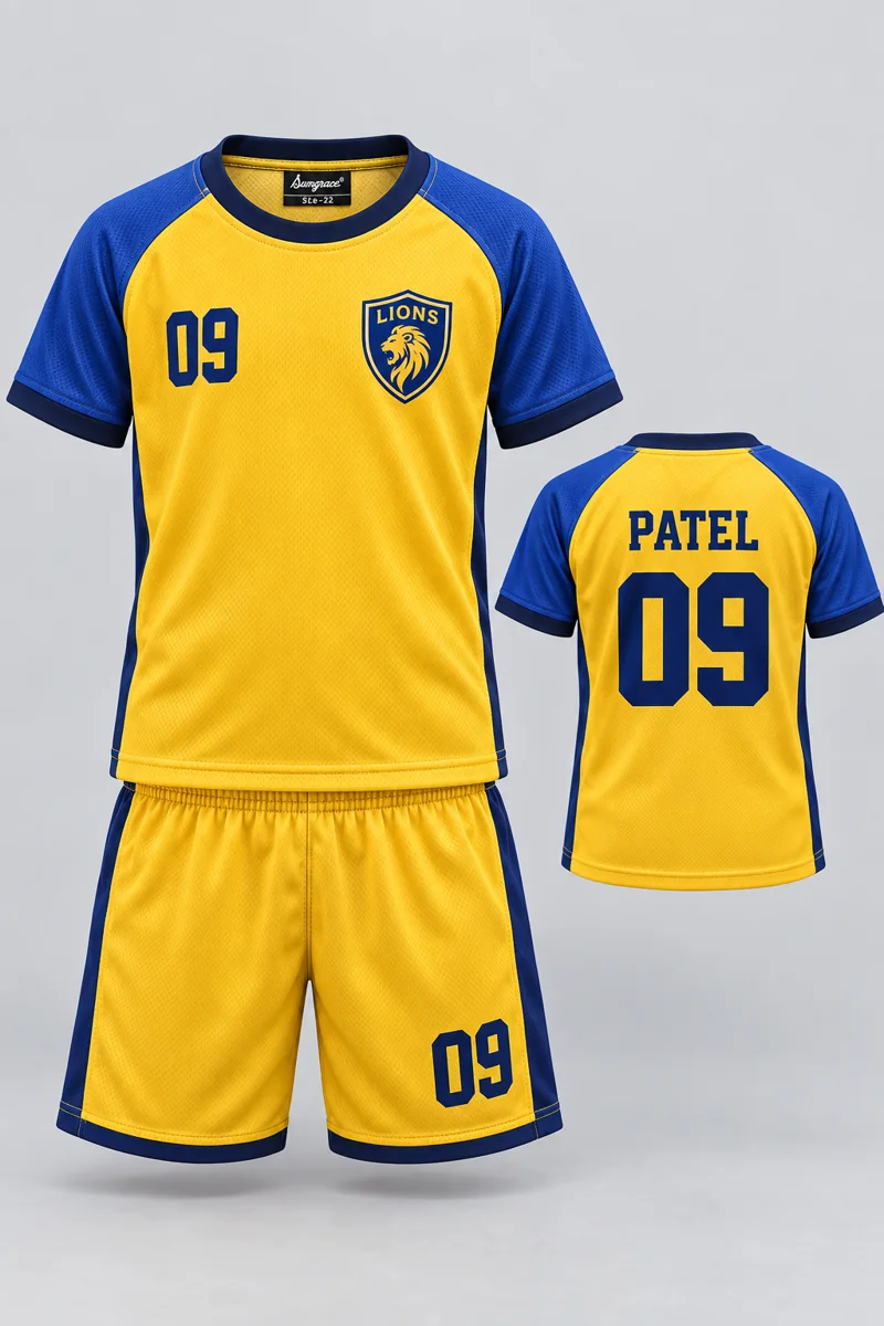 Children's Badminton kit: Sunrise Gold, PATEL 09, team crest and Sungrace neck label